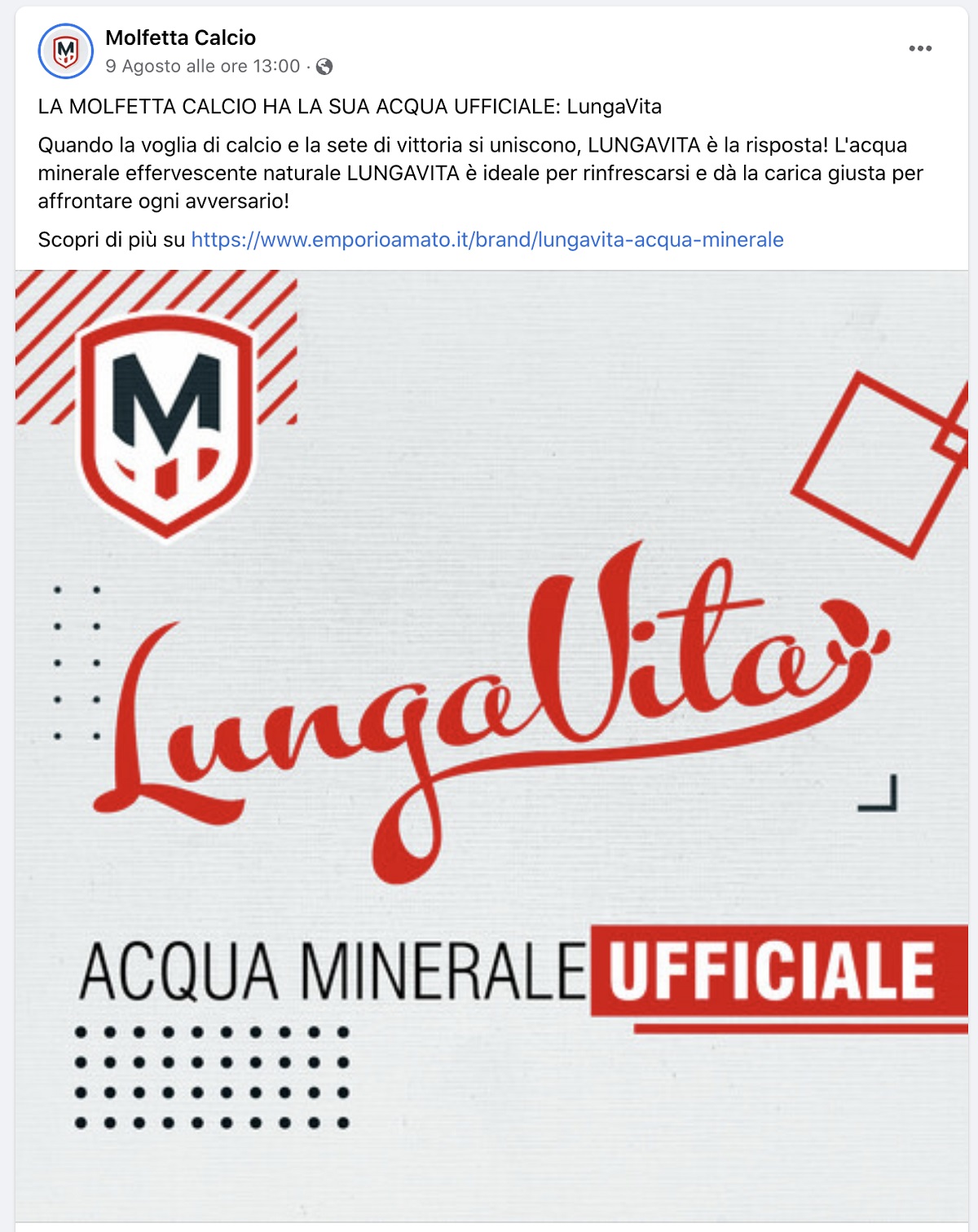 LA MOLFETTA CALCIO HA LA SUA ACQUA UFFICIALE: LungaVita